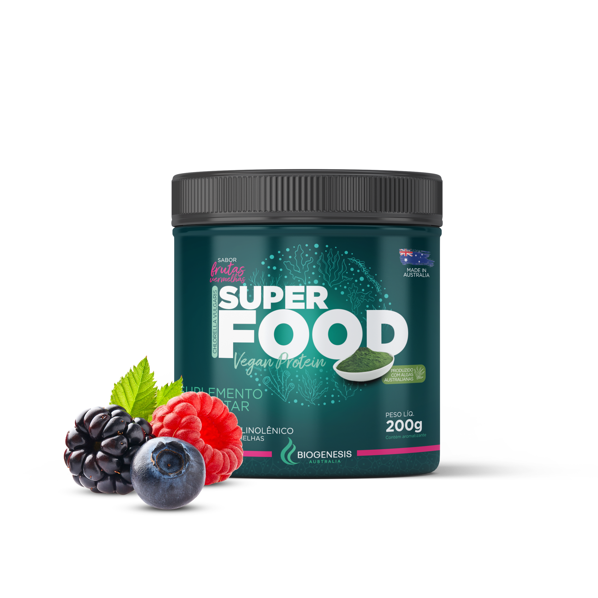 Chlorella em pó Superfood - Sabor Frutas Vermelhas – 200 g - Biogenesis