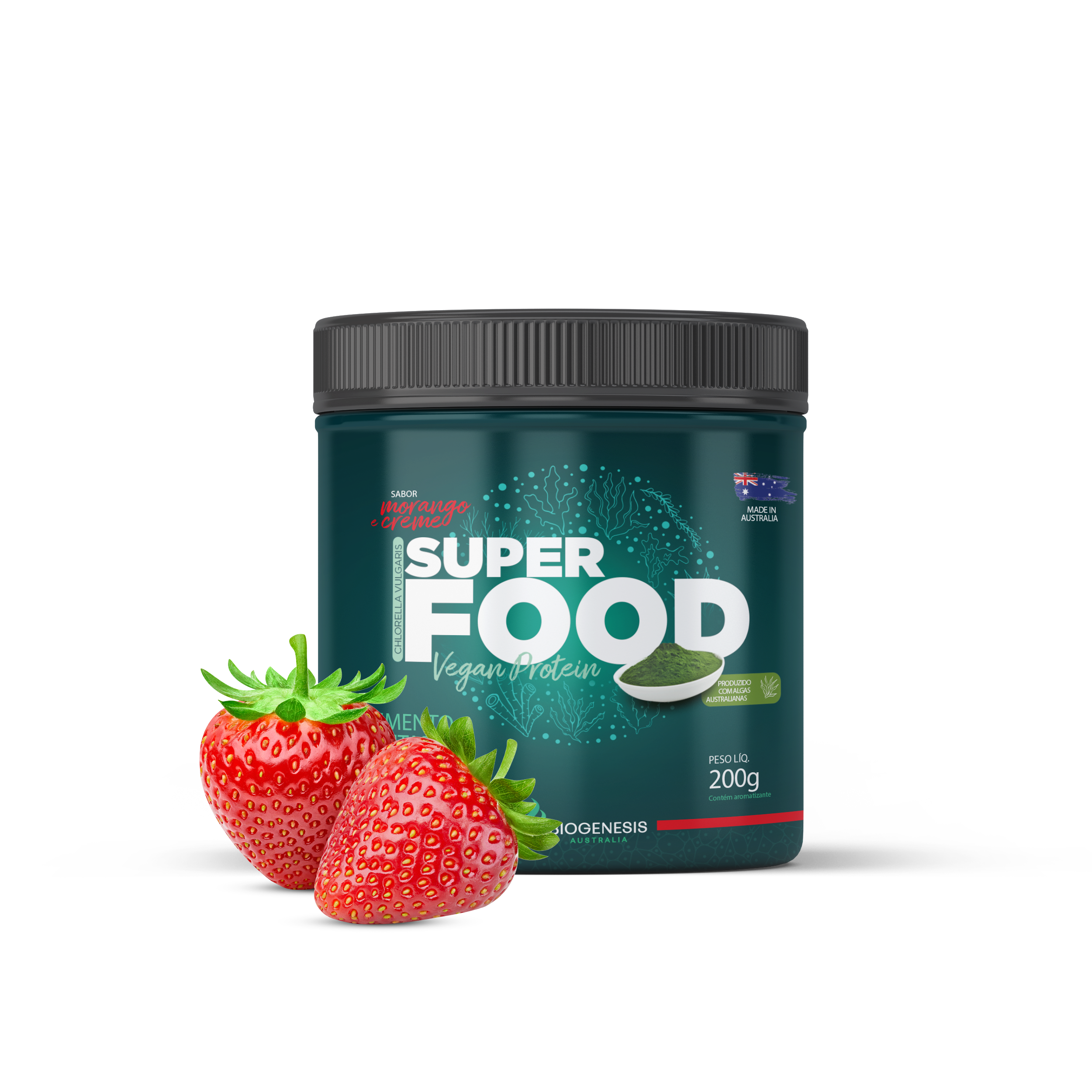 Chlorella em pó Superfood - Sabor Morango ao Creme – 200 g - Biogenesis